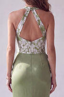 Laden Sie das Bild in den Galerie-Viewer, Grüne Merimaid Blumenapplikationen Gerafftes Neckholder Festkleid