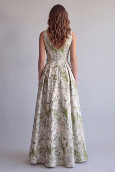 Hellgrünes Gefaltetes Jacquard Formelkleid in A-Linie mit 3D-Blume