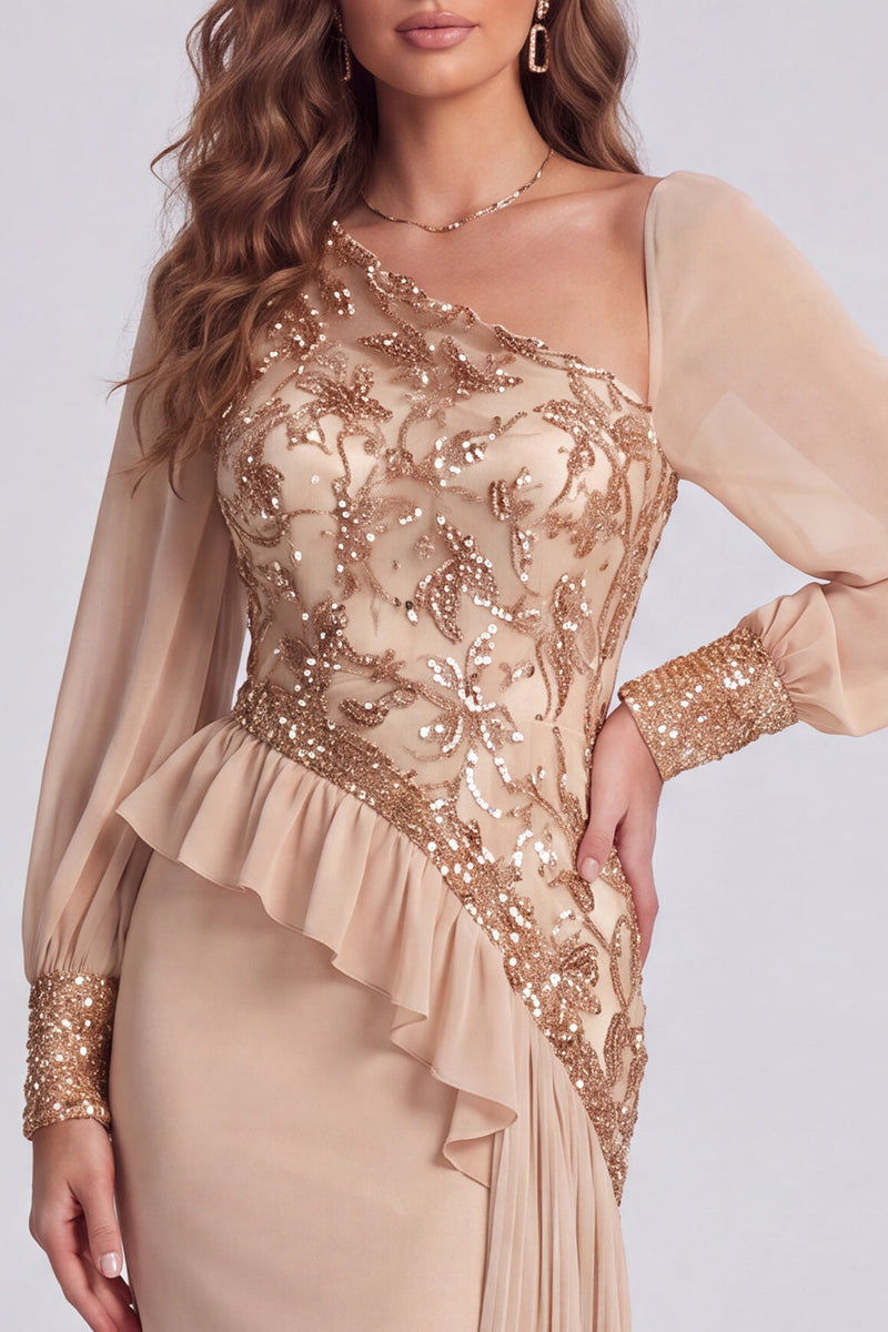 Laden Sie das Bild in den Galerie-Viewer, Champagner Pailletten Blumen Asymmetrisches Festliches Kleid mit Seitenband
