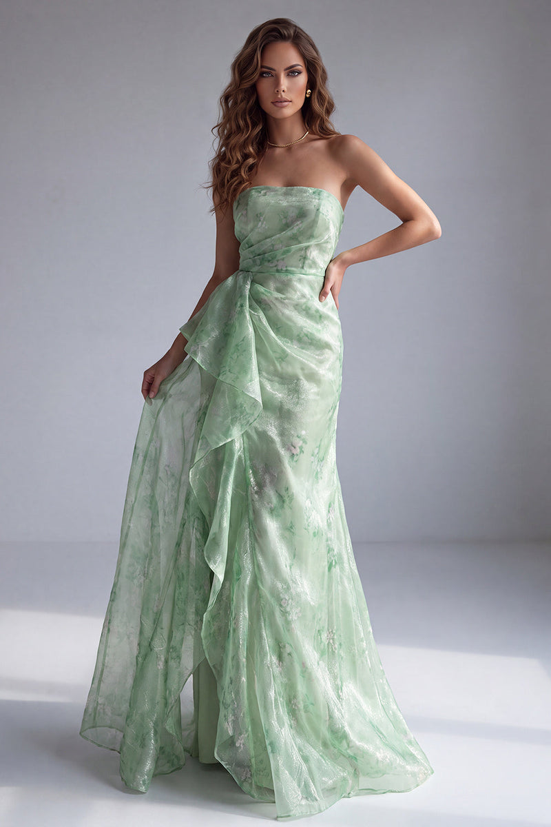 Laden Sie das Bild in den Galerie-Viewer, Grünes Trägerloses Gerafftes Florales Meerjungfrauen Festkleid mit Rüschen