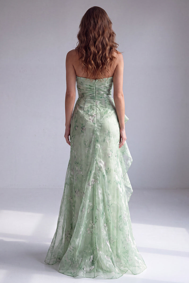 Laden Sie das Bild in den Galerie-Viewer, Grünes Trägerloses Gerafftes Florales Meerjungfrauen Festkleid mit Rüschen