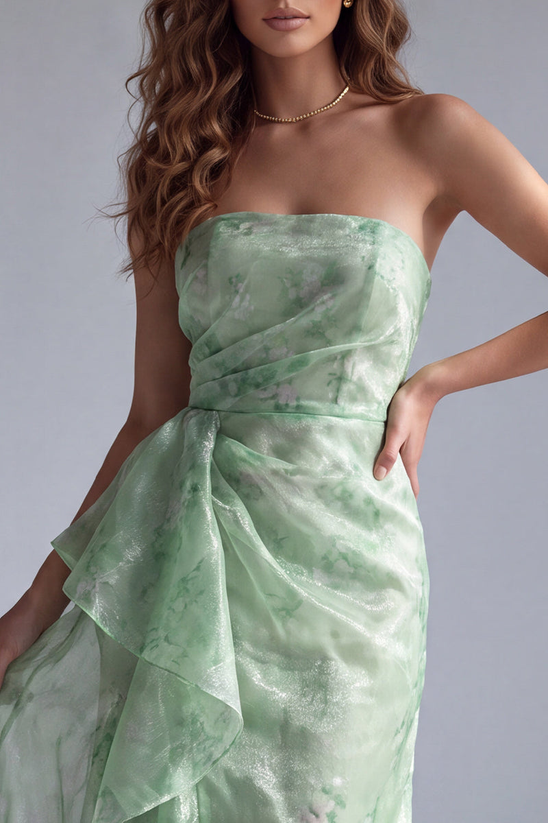 Laden Sie das Bild in den Galerie-Viewer, Grünes Trägerloses Gerafftes Florales Meerjungfrauen Festkleid mit Rüschen