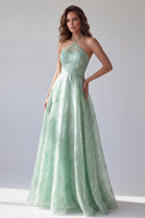 Laden Sie das Bild in den Galerie-Viewer, Grünes Halter Blumen A-Linie Organza Langes Abendkleid