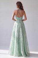 Laden Sie das Bild in den Galerie-Viewer, Grünes Halter Blumen A-Linie Organza Langes Abendkleid