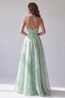 Grünes Halter Blumen A-Linie Organza Langes Abendkleid