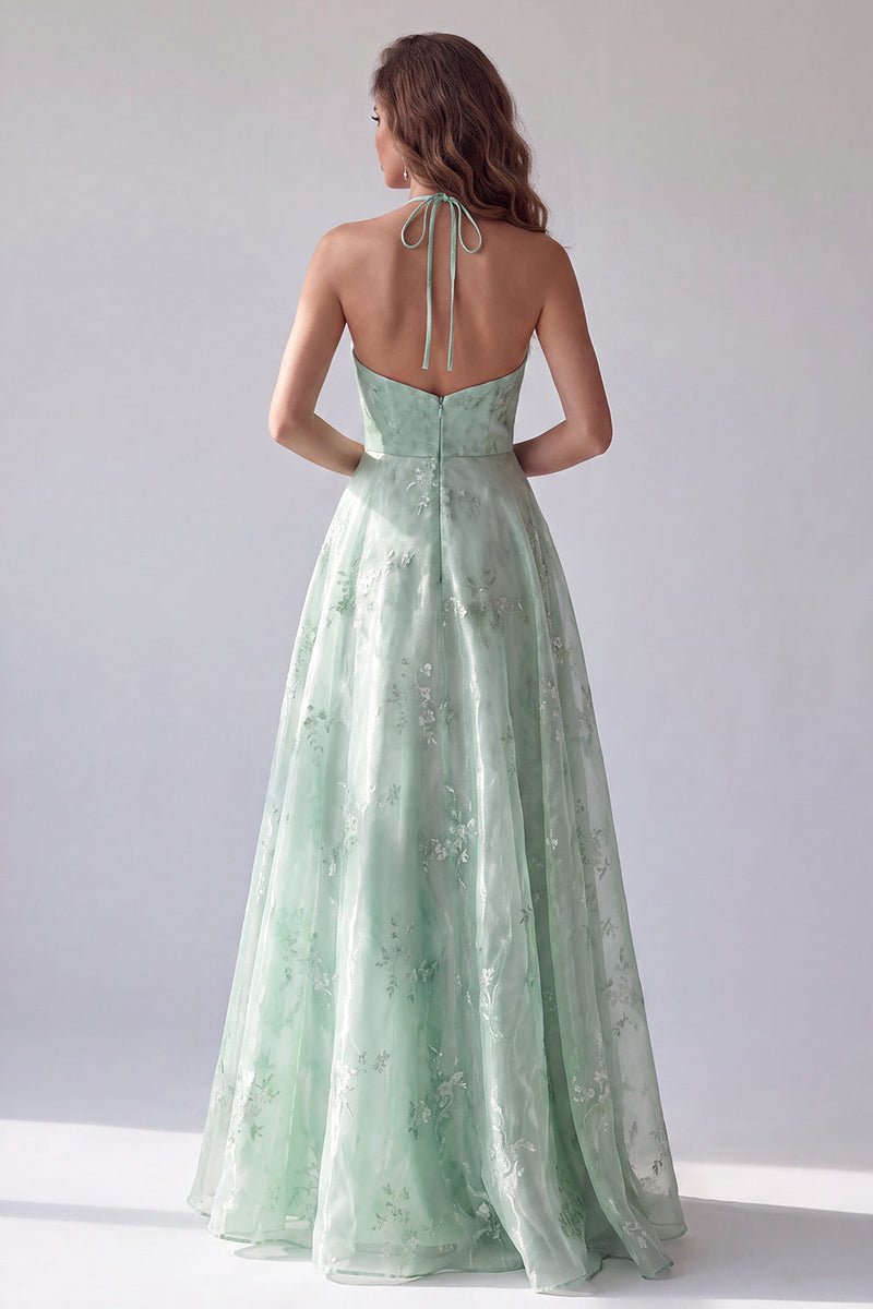 Laden Sie das Bild in den Galerie-Viewer, Grünes Halter Blumen A-Linie Organza Langes Abendkleid