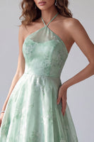 Laden Sie das Bild in den Galerie-Viewer, Grünes Halter Blumen A-Linie Organza Langes Abendkleid