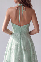 Laden Sie das Bild in den Galerie-Viewer, Grünes Halter Blumen A-Linie Organza Langes Abendkleid