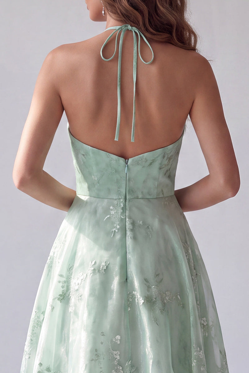 Laden Sie das Bild in den Galerie-Viewer, Grünes Halter Blumen A-Linie Organza Langes Abendkleid