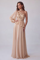 Laden Sie das Bild in den Galerie-Viewer, Champagner Asymmetrial Halter Blumenstickerei A-Linie Festkleid