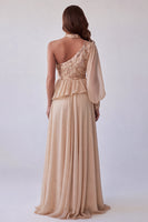 Laden Sie das Bild in den Galerie-Viewer, Champagner Asymmetrial Halter Blumenstickerei A-Linie Festkleid