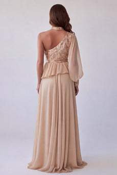 Champagner Asymmetrial Halter Blumenstickerei A-Linie Festkleid