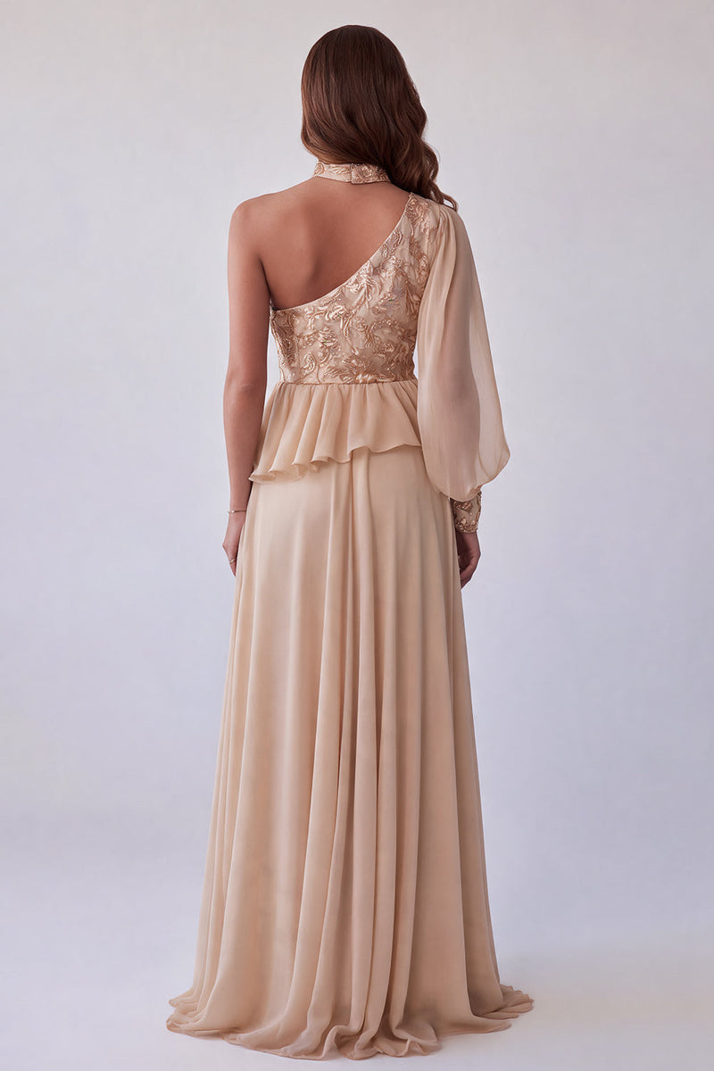 Laden Sie das Bild in den Galerie-Viewer, Champagner Asymmetrial Halter Blumenstickerei A-Linie Festkleid