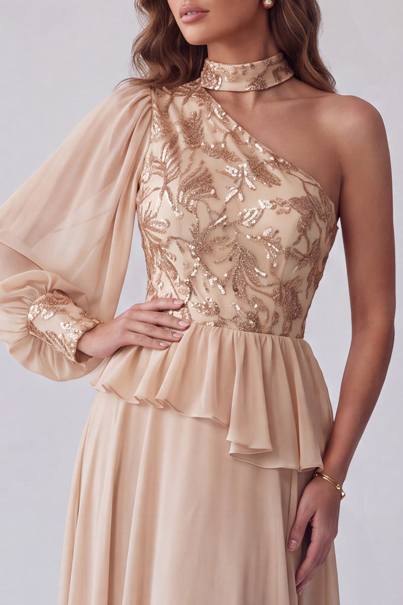 Laden Sie das Bild in den Galerie-Viewer, Champagner Asymmetrial Halter Blumenstickerei A-Linie Festkleid