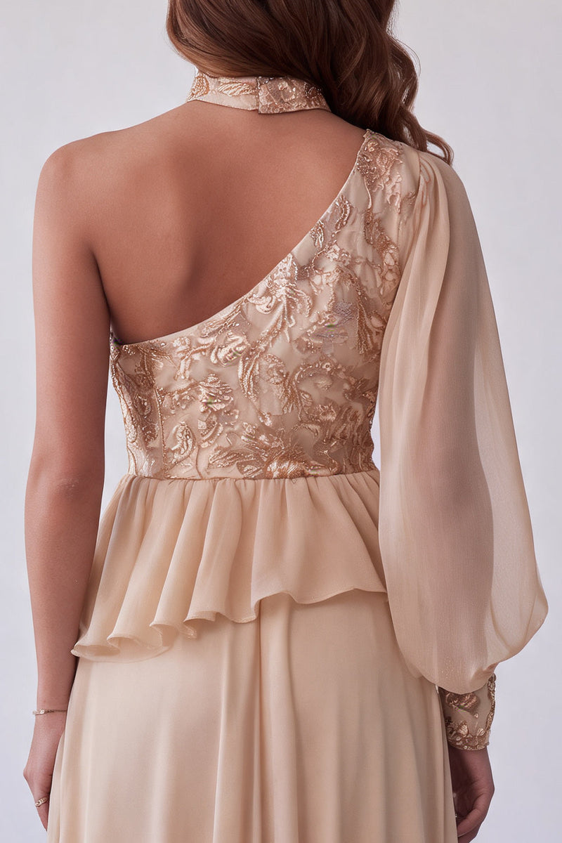 Laden Sie das Bild in den Galerie-Viewer, Champagner Asymmetrial Halter Blumenstickerei A-Linie Festkleid
