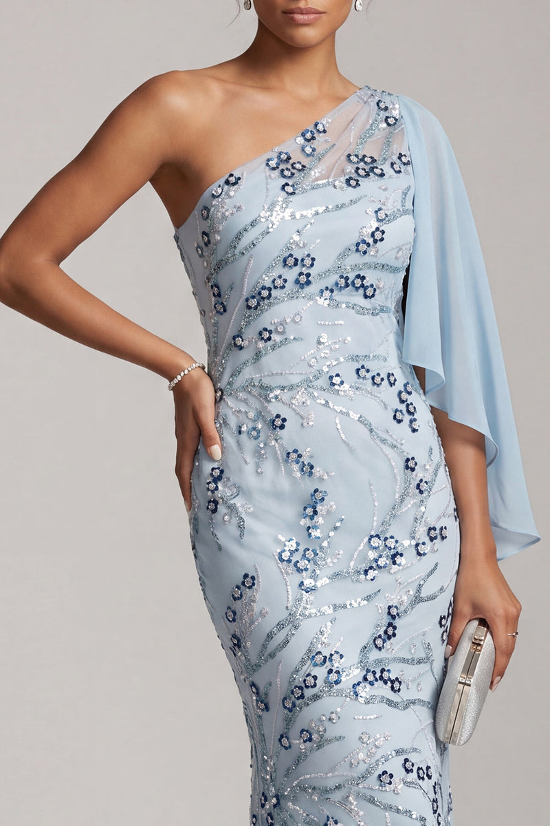 Laden Sie das Bild in den Galerie-Viewer, Himmelblaue Meerjungfrau, Pailletten mit einer Schulter, blumige lange Mutter der Braut, Kleid