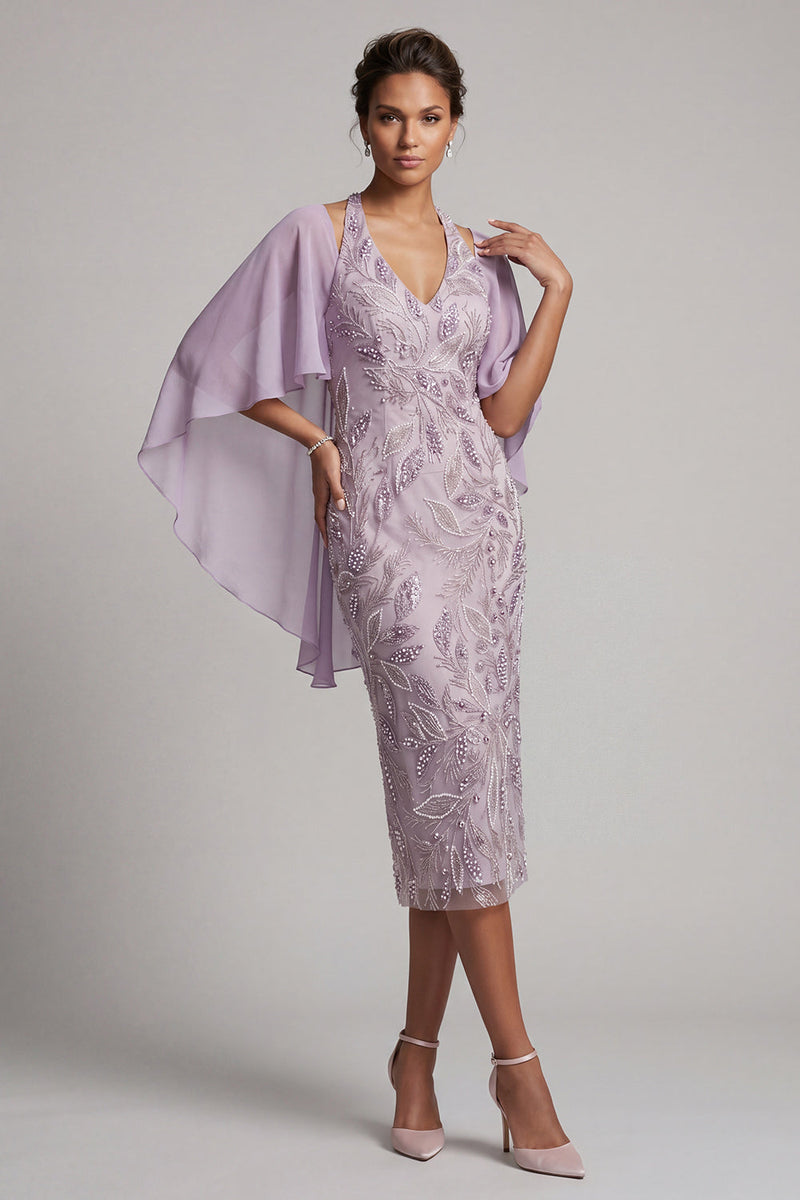Laden Sie das Bild in den Galerie-Viewer, Neckholderhals-Lila-Bodycon Perlenbesetztes Blumen-Midi-Mutter-der-Braut-Kleid mit Umhang