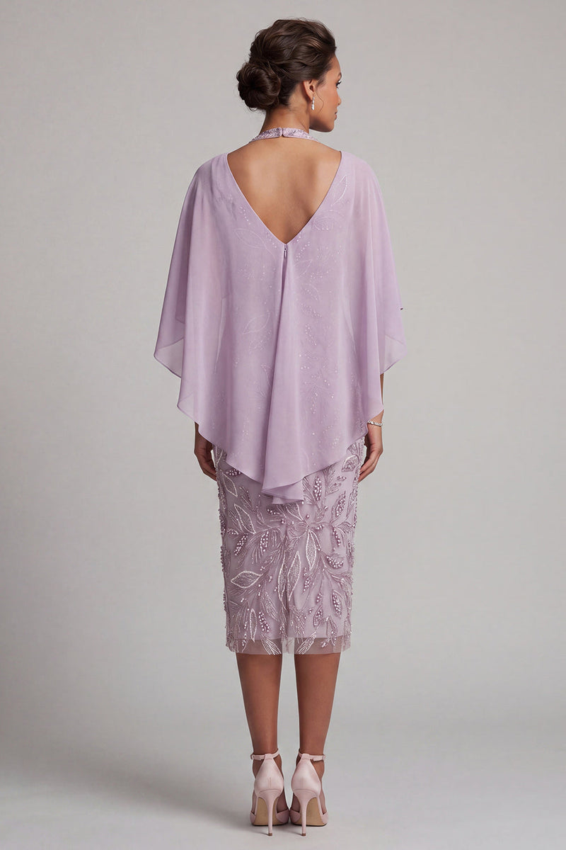 Laden Sie das Bild in den Galerie-Viewer, Neckholderhals-Lila-Bodycon Perlenbesetztes Blumen-Midi-Mutter-der-Braut-Kleid mit Umhang