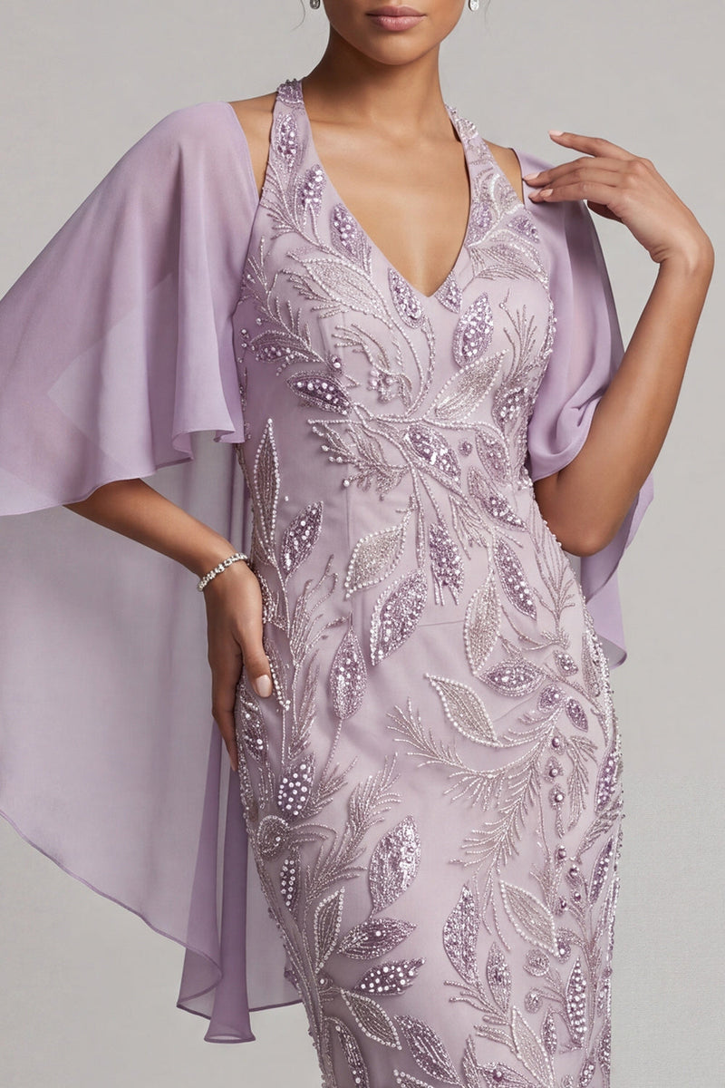 Laden Sie das Bild in den Galerie-Viewer, Neckholderhals-Lila-Bodycon Perlenbesetztes Blumen-Midi-Mutter-der-Braut-Kleid mit Umhang