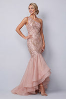Laden Sie das Bild in den Galerie-Viewer, Ein Schulter rosa Meerjungfrauen-Pailletten Lange Mutter der Braut Kleid mit Rüschen
