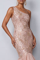 Laden Sie das Bild in den Galerie-Viewer, Ein Schulter rosa Meerjungfrauen-Pailletten Lange Mutter der Braut Kleid mit Rüschen