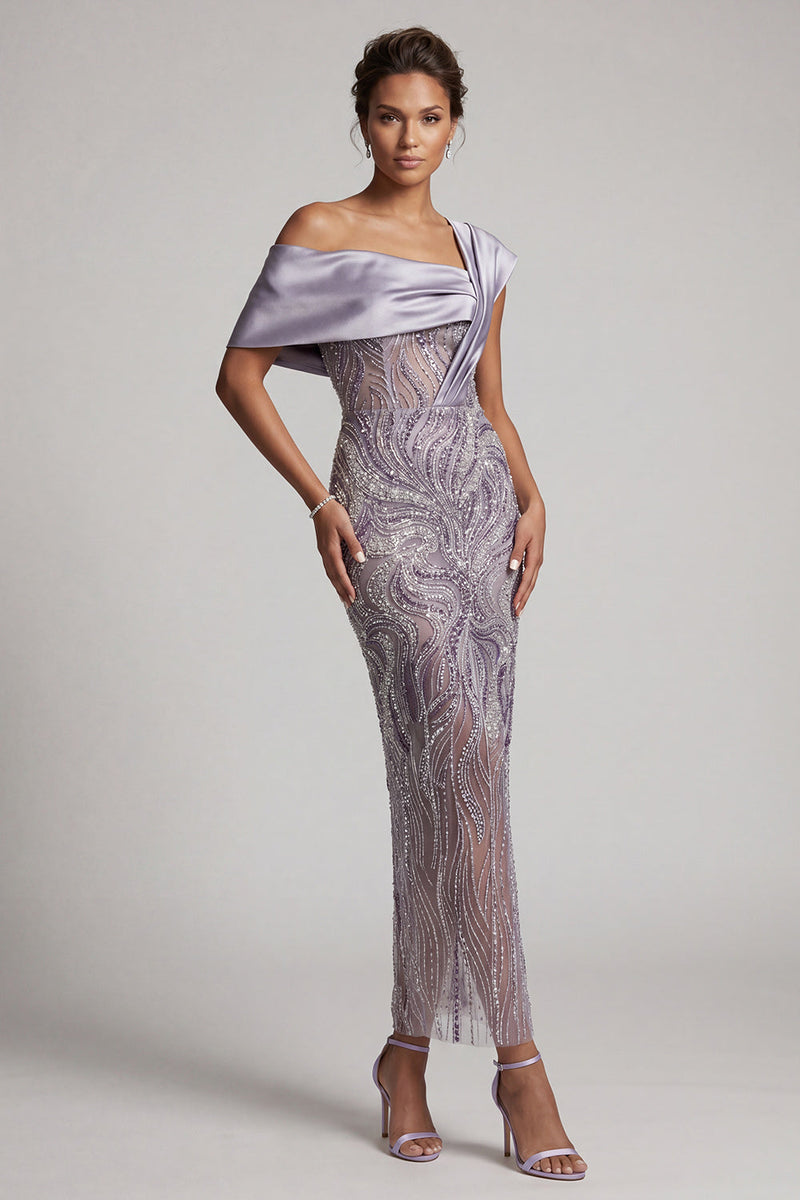 Laden Sie das Bild in den Galerie-Viewer, Fliederfarbener Bodycon mit einer Schulter mit Perlen, langes Mutter-der-Braut-Kleid mit Schlitz