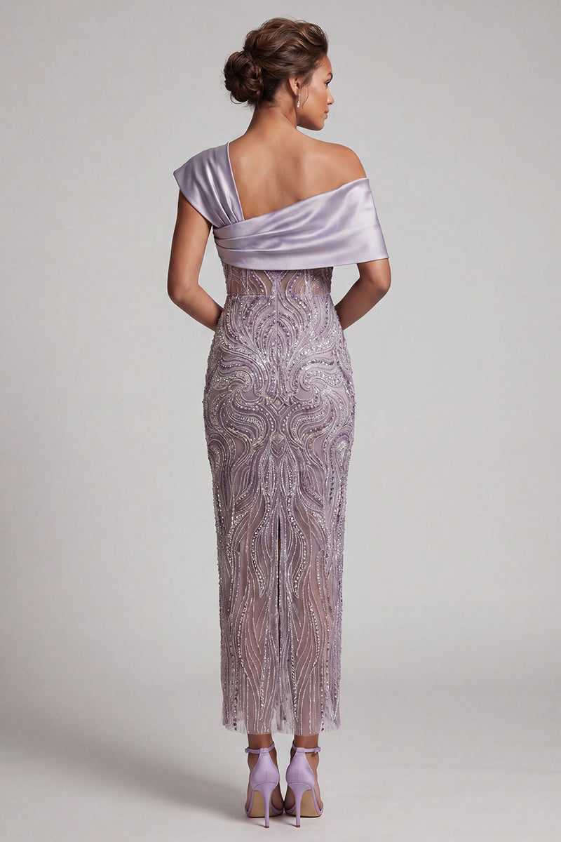 Laden Sie das Bild in den Galerie-Viewer, Fliederfarbener Bodycon mit einer Schulter mit Perlen, langes Mutter-der-Braut-Kleid mit Schlitz