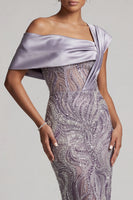 Laden Sie das Bild in den Galerie-Viewer, Fliederfarbener Bodycon mit einer Schulter mit Perlen, langes Mutter-der-Braut-Kleid mit Schlitz