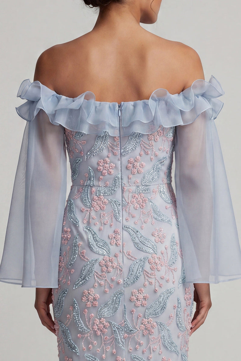 Laden Sie das Bild in den Galerie-Viewer, Schulterloses, staubiges blaues Bodycon mit Blumen, lange Mutter der Braut mit Rüschen