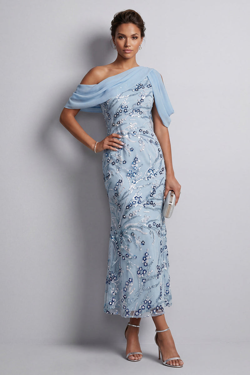 Laden Sie das Bild in den Galerie-Viewer, Himmelblauer einschulteriger Bodycon Blumenpailletten Lange Mutter der Brautkleid