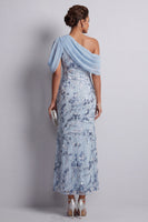Laden Sie das Bild in den Galerie-Viewer, Himmelblauer einschulteriger Bodycon Blumenpailletten Lange Mutter der Brautkleid