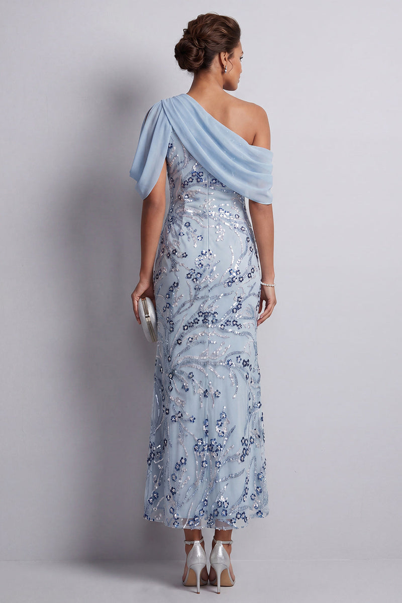 Laden Sie das Bild in den Galerie-Viewer, Himmelblauer einschulteriger Bodycon Blumenpailletten Lange Mutter der Brautkleid