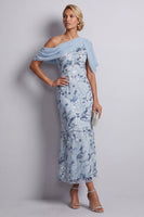 Laden Sie das Bild in den Galerie-Viewer, Himmelblauer einschulteriger Bodycon Blumenpailletten Lange Mutter der Brautkleid
