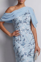 Laden Sie das Bild in den Galerie-Viewer, Himmelblauer einschulteriger Bodycon Blumenpailletten Lange Mutter der Brautkleid