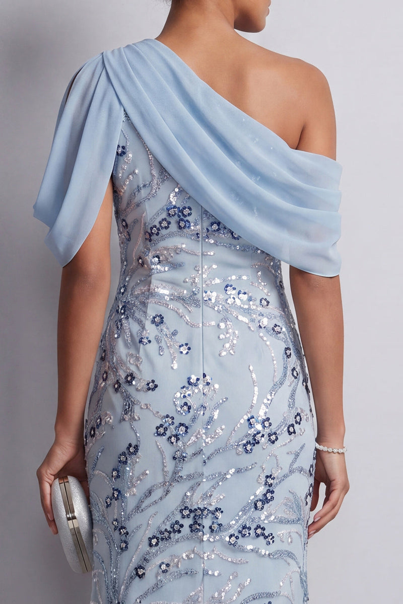 Laden Sie das Bild in den Galerie-Viewer, Himmelblauer einschulteriger Bodycon Blumenpailletten Lange Mutter der Brautkleid