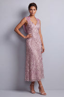 Laden Sie das Bild in den Galerie-Viewer, Vintage-Mauve-Halterhals-Scheiden, Pailletten, geblümtes langes Mutter-der-Braut-Kleid