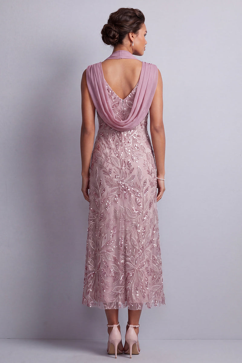 Laden Sie das Bild in den Galerie-Viewer, Vintage-Mauve-Halterhals-Scheiden, Pailletten, geblümtes langes Mutter-der-Braut-Kleid