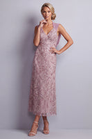 Laden Sie das Bild in den Galerie-Viewer, Vintage-Mauve-Halterhals-Scheiden, Pailletten, geblümtes langes Mutter-der-Braut-Kleid