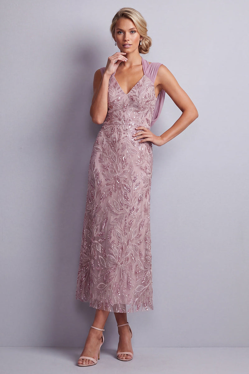 Laden Sie das Bild in den Galerie-Viewer, Vintage-Mauve-Halterhals-Scheiden, Pailletten, geblümtes langes Mutter-der-Braut-Kleid