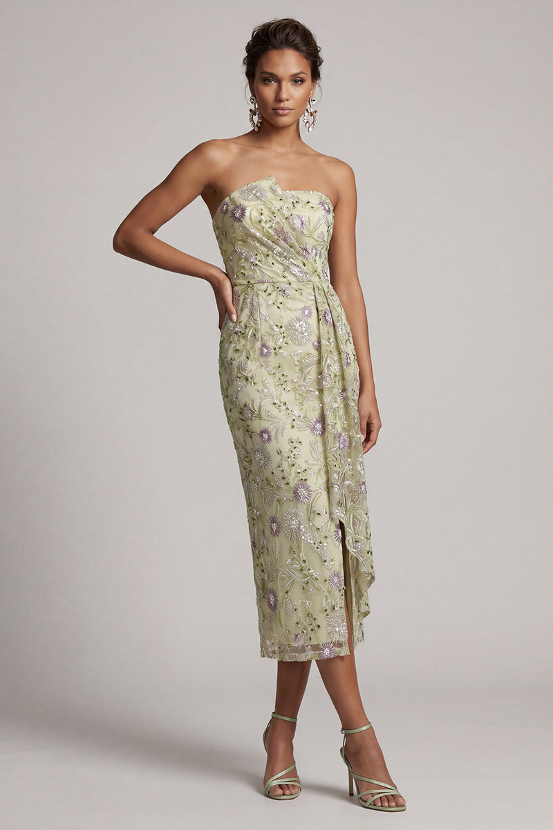 Laden Sie das Bild in den Galerie-Viewer, Staubiger Salbei, trägerloser Bodycon, geraffte Pailletten, florales Mutter-der-der-Braut-Kleid mit Schärpe