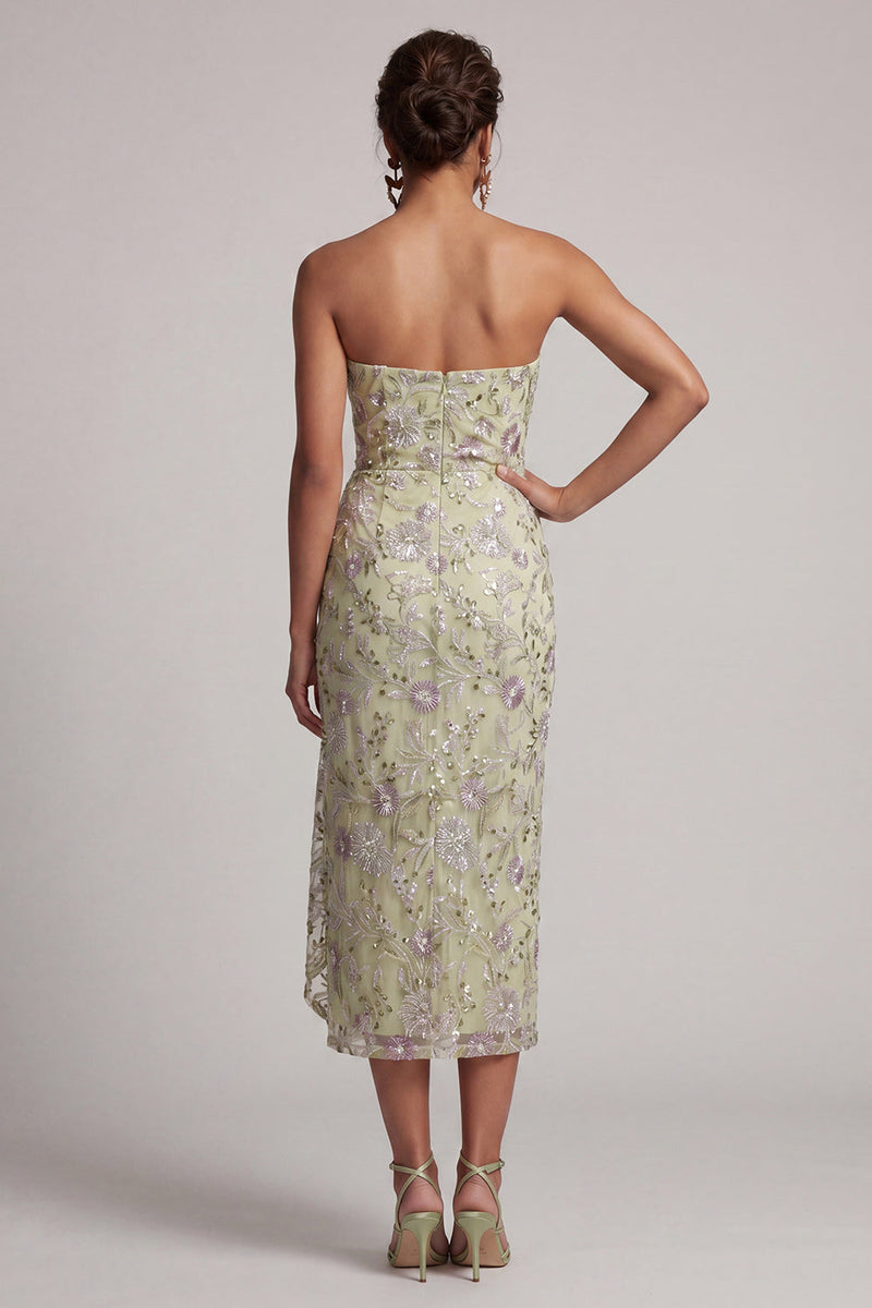 Laden Sie das Bild in den Galerie-Viewer, Staubiger Salbei, trägerloser Bodycon, geraffte Pailletten, florales Mutter-der-der-Braut-Kleid mit Schärpe