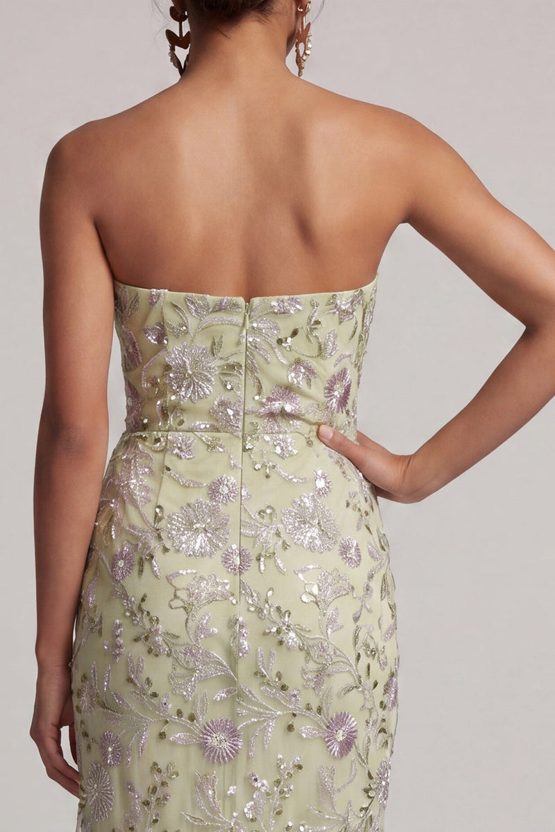 Laden Sie das Bild in den Galerie-Viewer, Staubiger Salbei, trägerloser Bodycon, geraffte Pailletten, florales Mutter-der-der-Braut-Kleid mit Schärpe