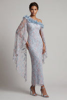 Laden Sie das Bild in den Galerie-Viewer, Staubiges blaues Blumenkleid mit einer Schulter Bodycon mit Perlen und Rüschen langes Mutter-der-Braut-Kleid