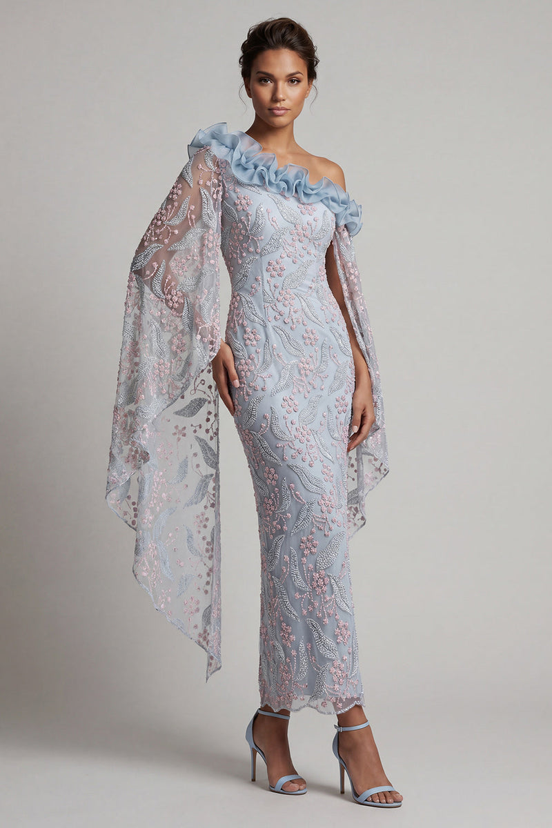 Laden Sie das Bild in den Galerie-Viewer, Staubiges blaues Blumenkleid mit einer Schulter Bodycon mit Perlen und Rüschen langes Mutter-der-Braut-Kleid