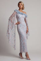 Laden Sie das Bild in den Galerie-Viewer, Staubiges blaues Blumenkleid mit einer Schulter Bodycon mit Perlen und Rüschen langes Mutter-der-Braut-Kleid