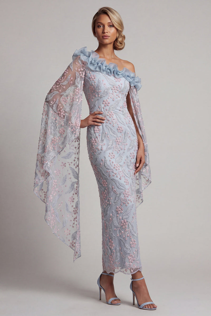 Laden Sie das Bild in den Galerie-Viewer, Staubiges blaues Blumenkleid mit einer Schulter Bodycon mit Perlen und Rüschen langes Mutter-der-Braut-Kleid