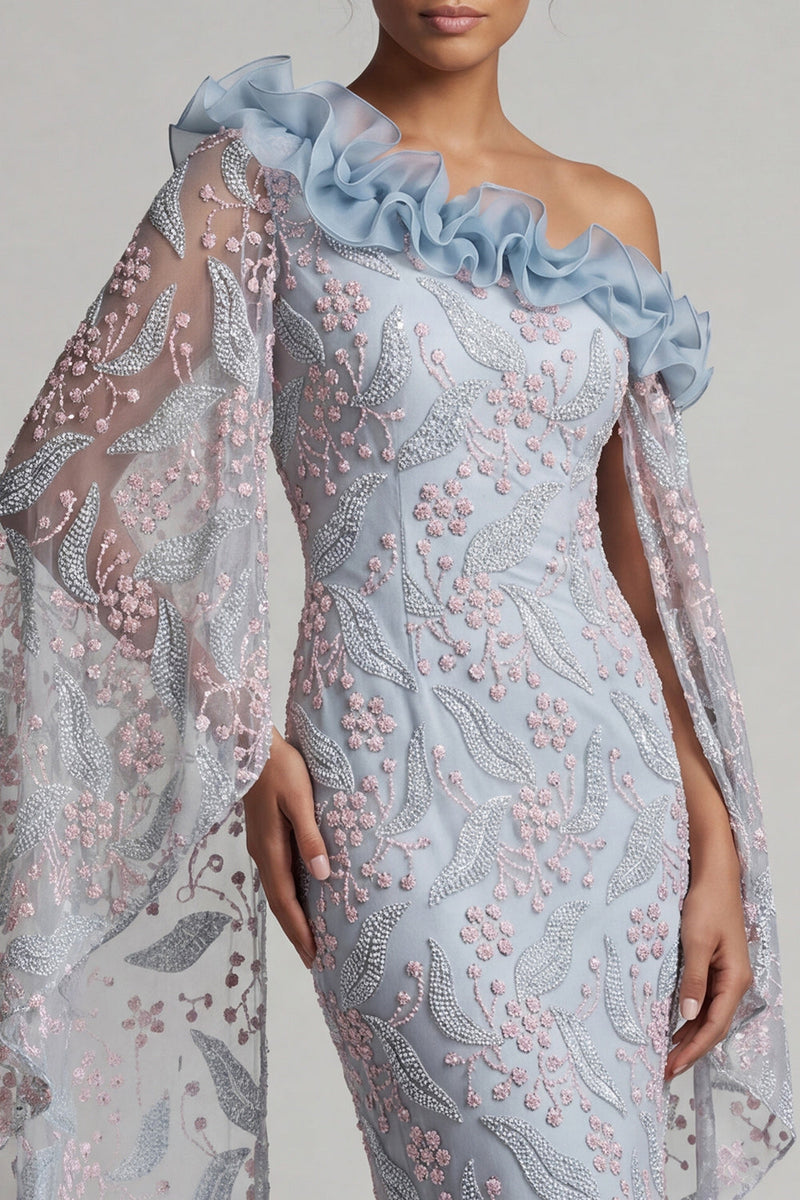 Laden Sie das Bild in den Galerie-Viewer, Staubiges blaues Blumenkleid mit einer Schulter Bodycon mit Perlen und Rüschen langes Mutter-der-Braut-Kleid