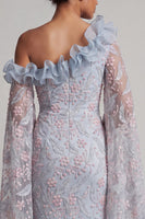 Laden Sie das Bild in den Galerie-Viewer, Staubiges blaues Blumenkleid mit einer Schulter Bodycon mit Perlen und Rüschen langes Mutter-der-Braut-Kleid