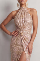 Laden Sie das Bild in den Galerie-Viewer, Neckholderhals Champagner-Meerjungfrau mit gerafften Pailletten Langer Mutter-der-Braut-Kleid mit Schlitz