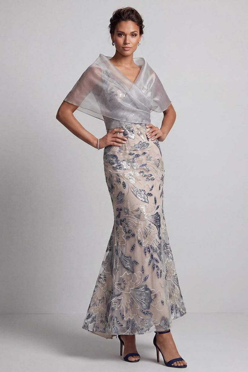 Laden Sie das Bild in den Galerie-Viewer, Silberne Meerjungfrauen-Floral-V-Ausschnitt-Pailletten, langes Mutter-der-der-Braut-Kleid mit Umhang